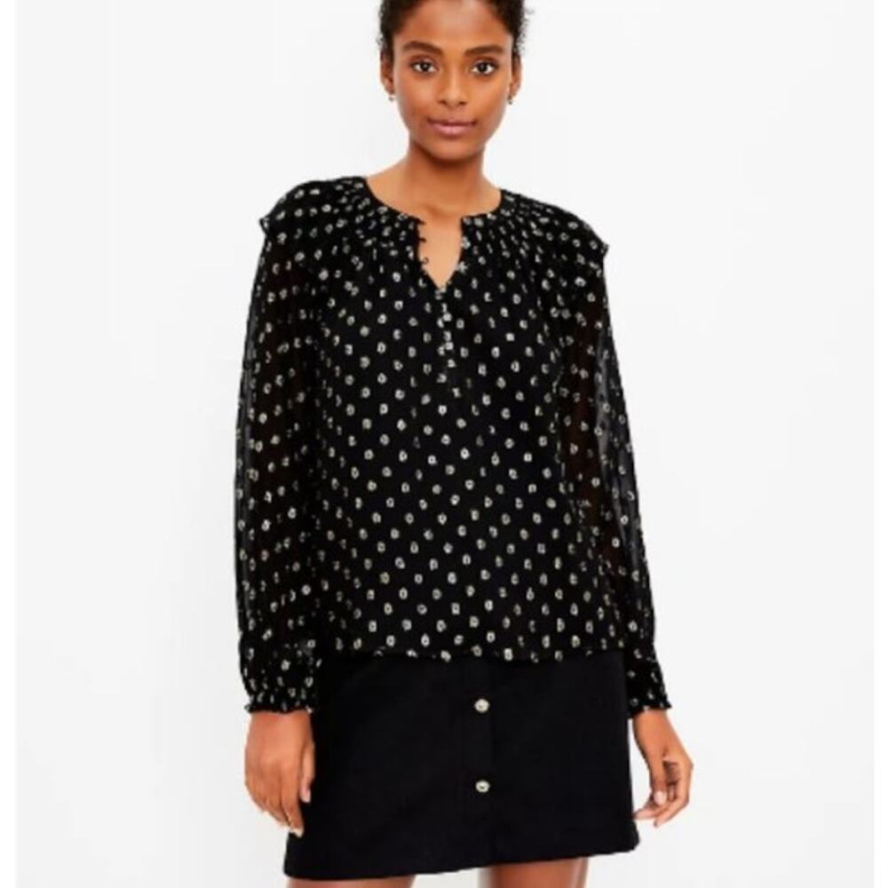 Loft shimmer ruffled button neck long sleeve blouse womens size xsp